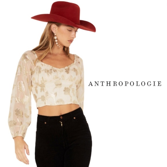 Anthropologie SADIE & SAGE Cham Afterglow Metallic Floral Crop Top Gold/White -L - Picture 1 of 15